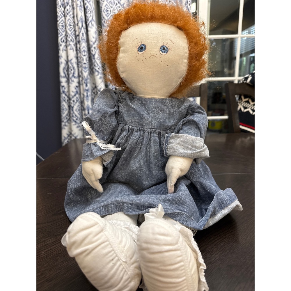 Handmade Cloth Rag Doll Red Hair Blue Eyes Blue Floral Prairie Dress 23 Inch